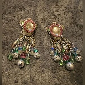 HANDMADE Vintage STYLE Clip-on Multi Colored DANGLE EARRINGS UNIQUE FUN FLIRTY